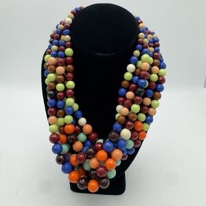 Vtg Bead 6 Multi Strand Necklace Cottage Core Boho Plastic Twist Bright Colors
